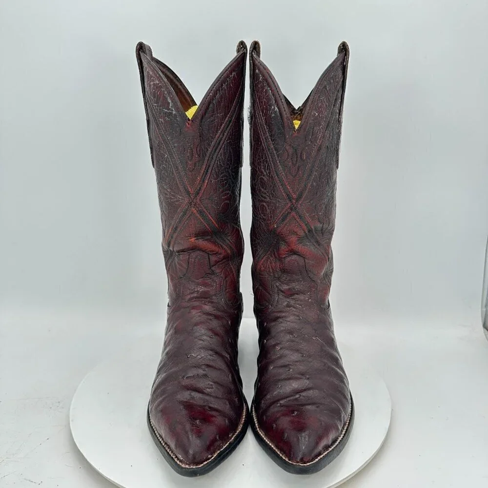 Tony Lama Men Size 7D Burgundy Full Quill Ostrich Leather Pull On Western Boot